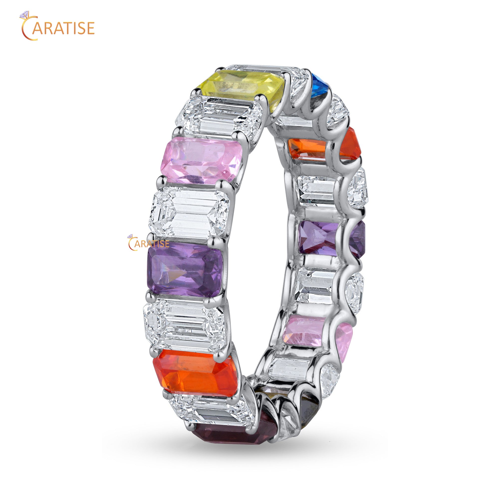 5.37 TDW Emerald Cut Mossiante Diamond Eternity Band 925 Silver