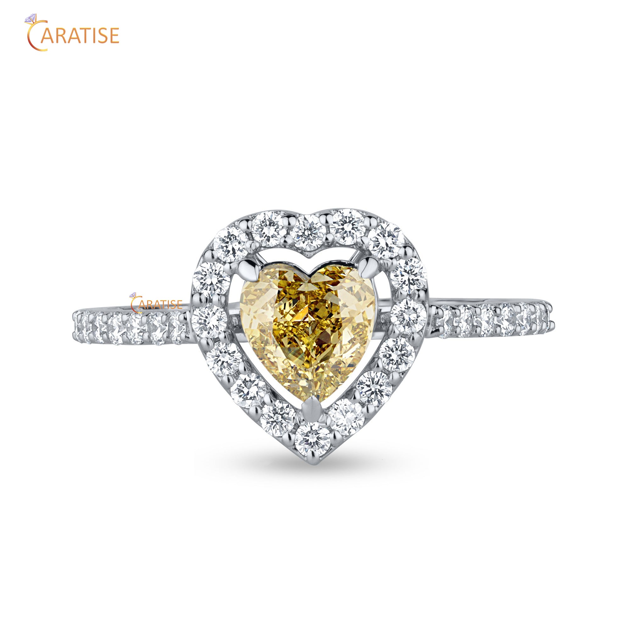 1.04 TDW Yellow Heart & Round Cut Mossiante Diamond Halo Ring 925 Silver