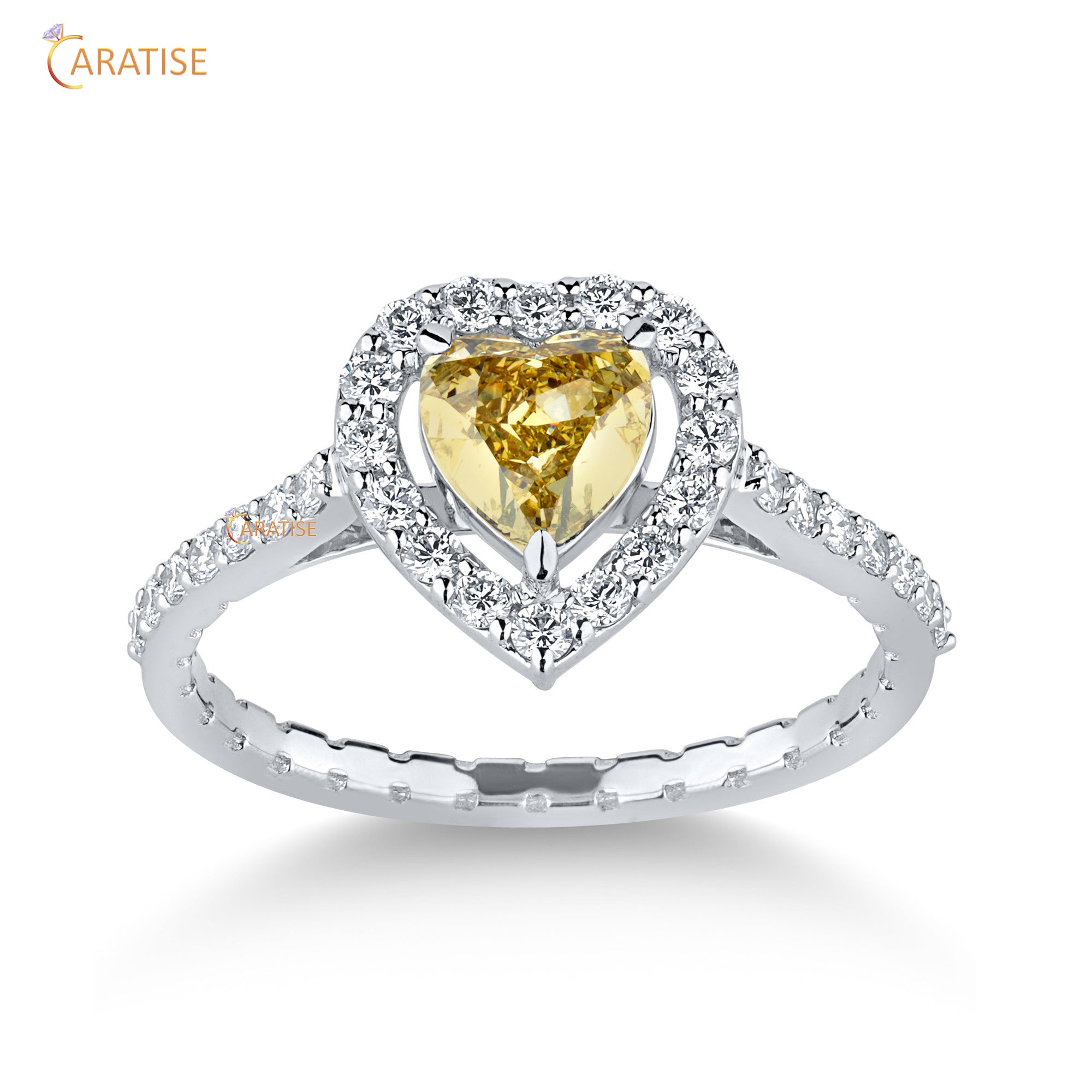 1.04 TDW Yellow Heart & Round Cut Mossiante Diamond Halo Ring 925 Silver