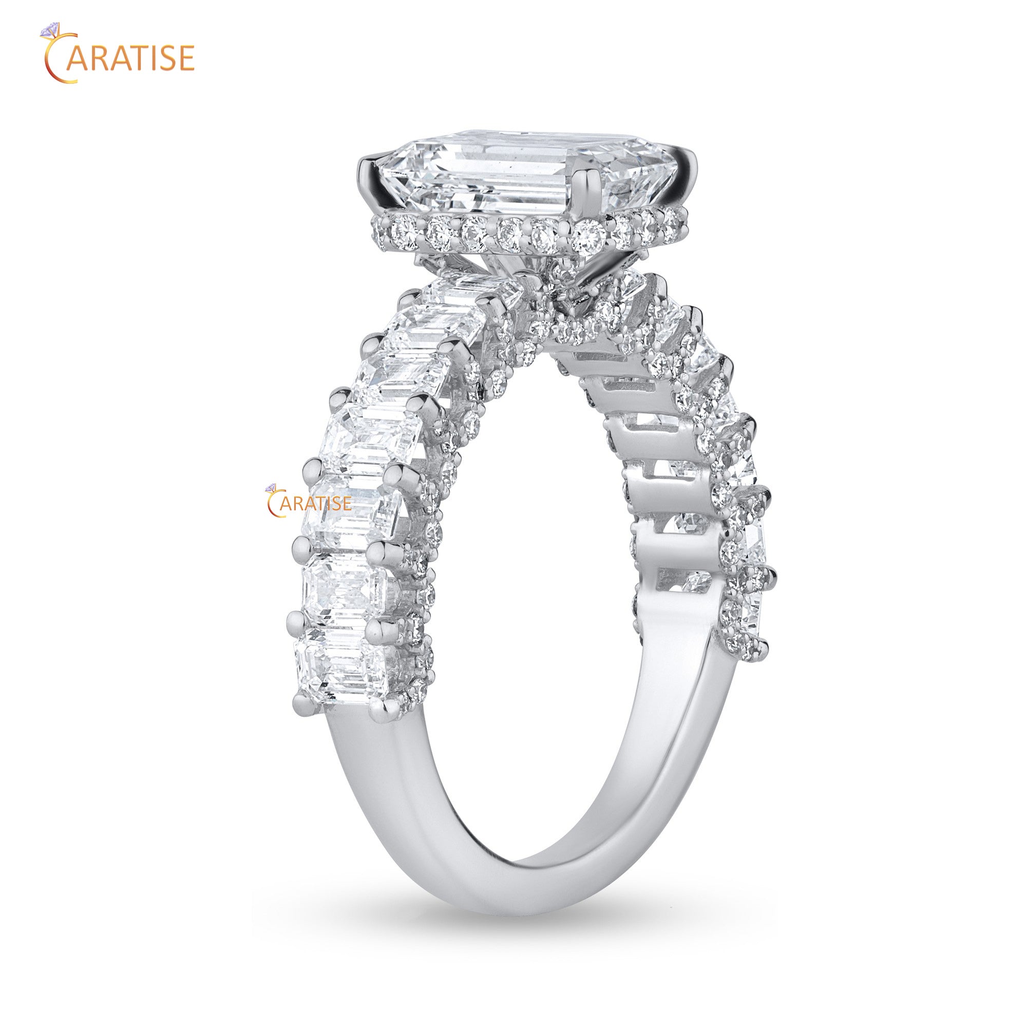 3.87 TDW Emrald & Round Cut Diamond Women's Hidden Halo Ring 925 Silver