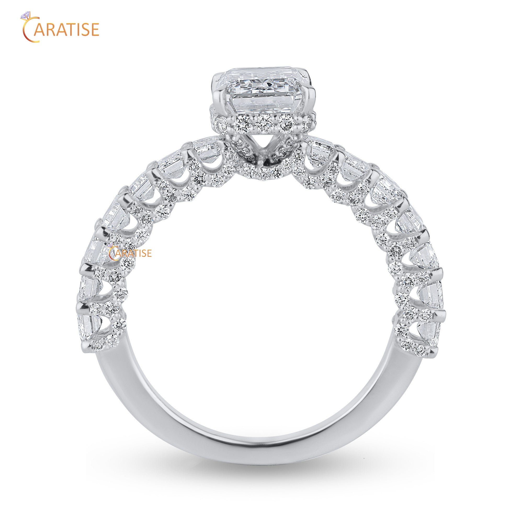 3.87 TDW Emrald & Round Cut Diamond Women's Hidden Halo Ring 925 Silver