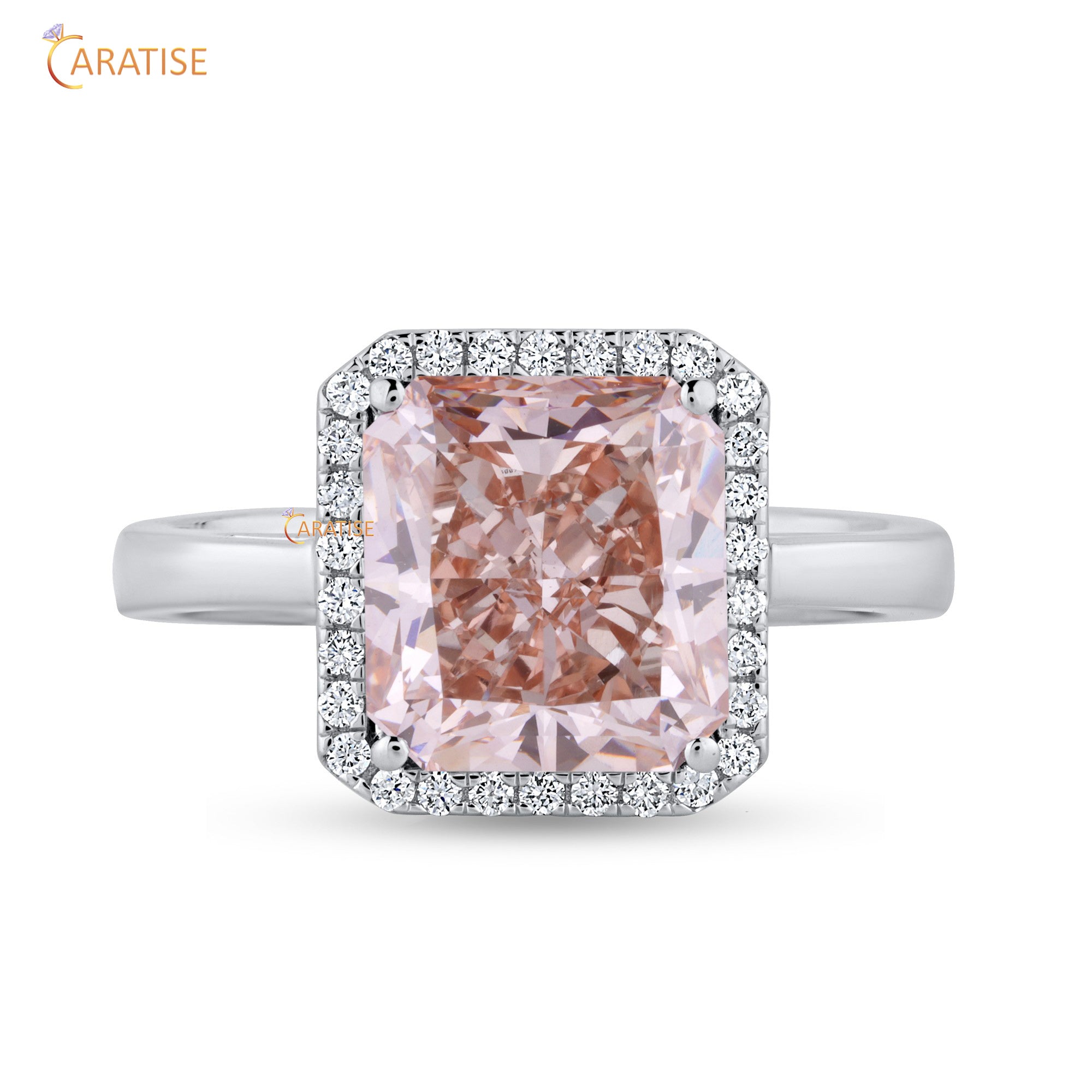 5.14 TDW Pink Radiant & Round Cut Mossiante Diamond Halo Ring 925 Silver