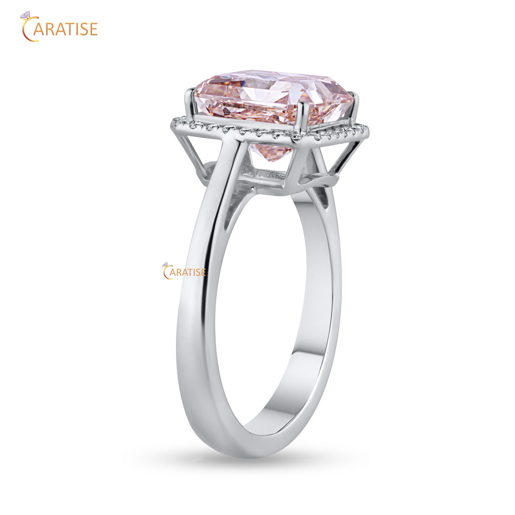 5.14 TDW Pink Radiant & Round Cut Mossiante Diamond Halo Ring 925 Silver