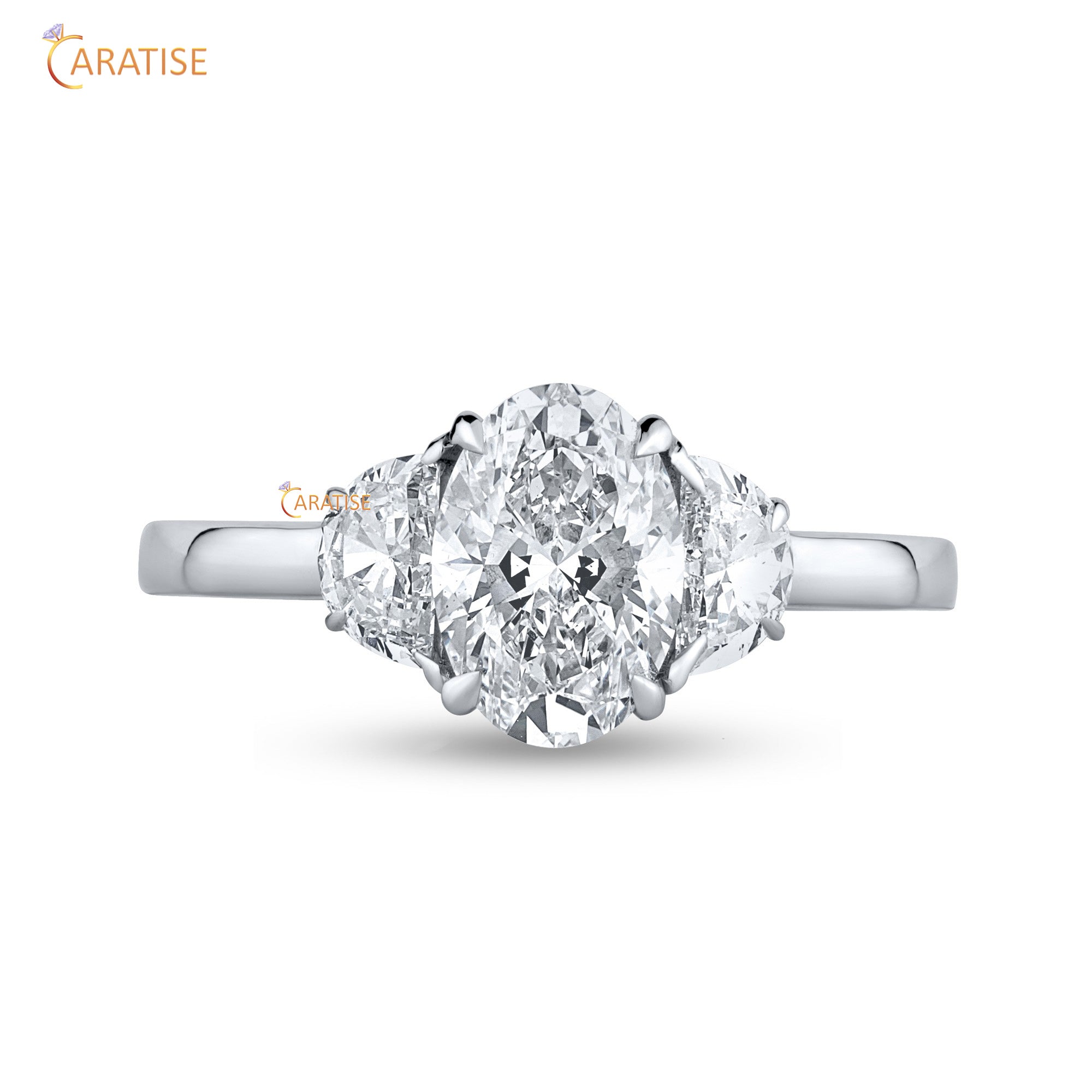 1.81 TDW Oval & Half Moon Cut Engagement Moissanite Diamond Ring 925 Silver